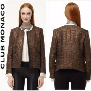 Club Monaco Mora Metallic Tweed Jacket Zip Collarless Blazer Size 4